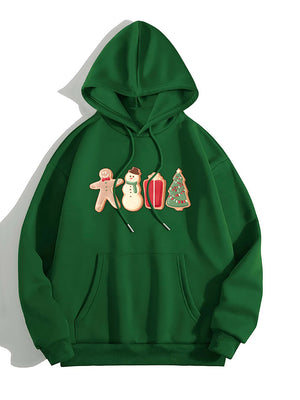 Green hoodie with gingerbread man, snowman, gift, and Christmas tree cookie graphic.