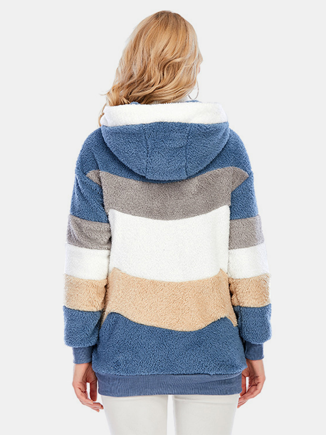 Teddy fleece hoodie with color block stripes in blue, grey, white, tan, and blue.