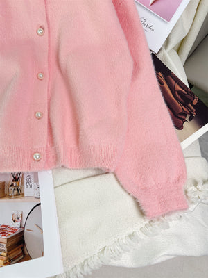 Fuzzy Knit Button Down Cardigan in Pink