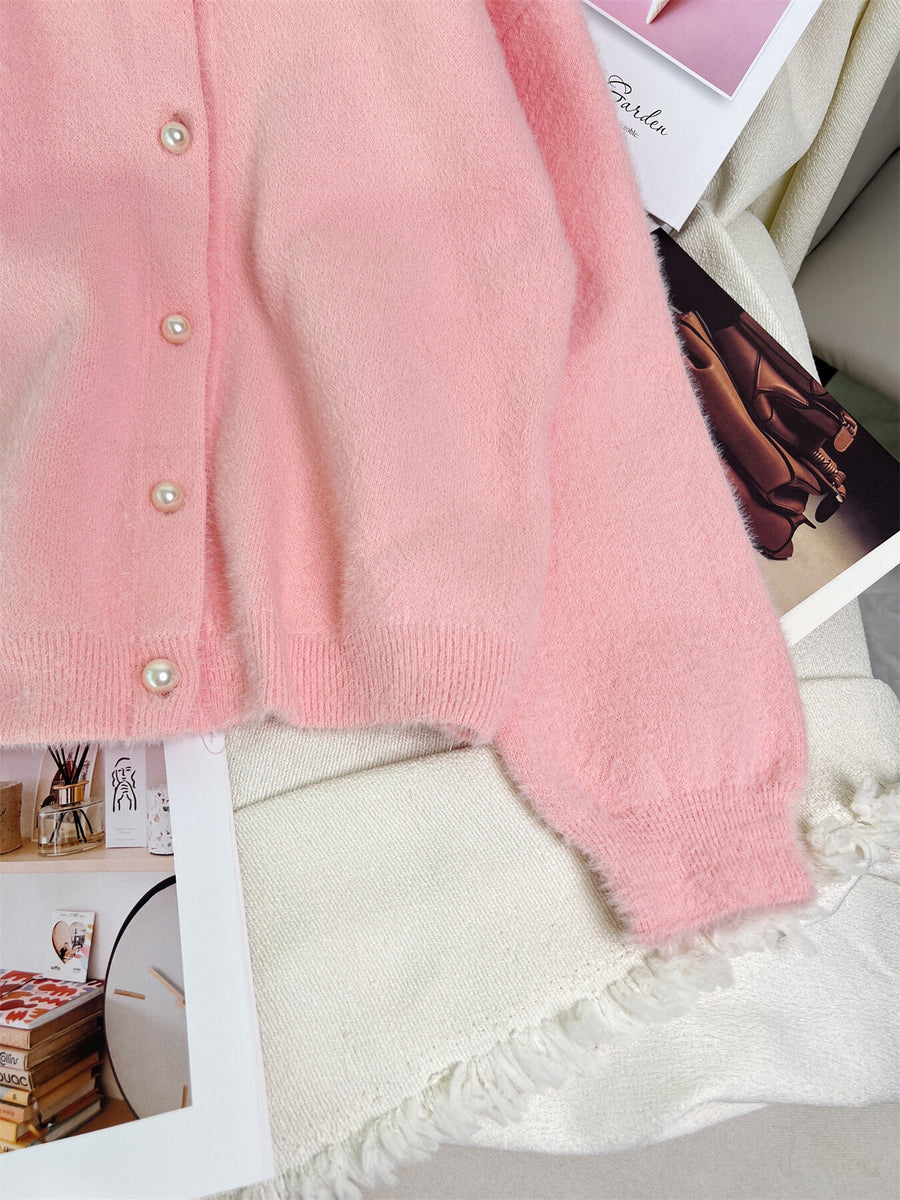Fuzzy Knit Button Down Cardigan in Pink