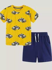 Boys yellow police car print t-shirt and navy blue shorts set