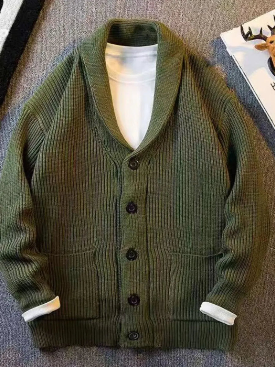 Army green ribbed knit cardigan with shawl collar and button closure.