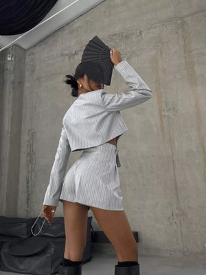 Light Gray with Pinstripe Cropped Blazer And Pleated Shorts Set in Light Gray