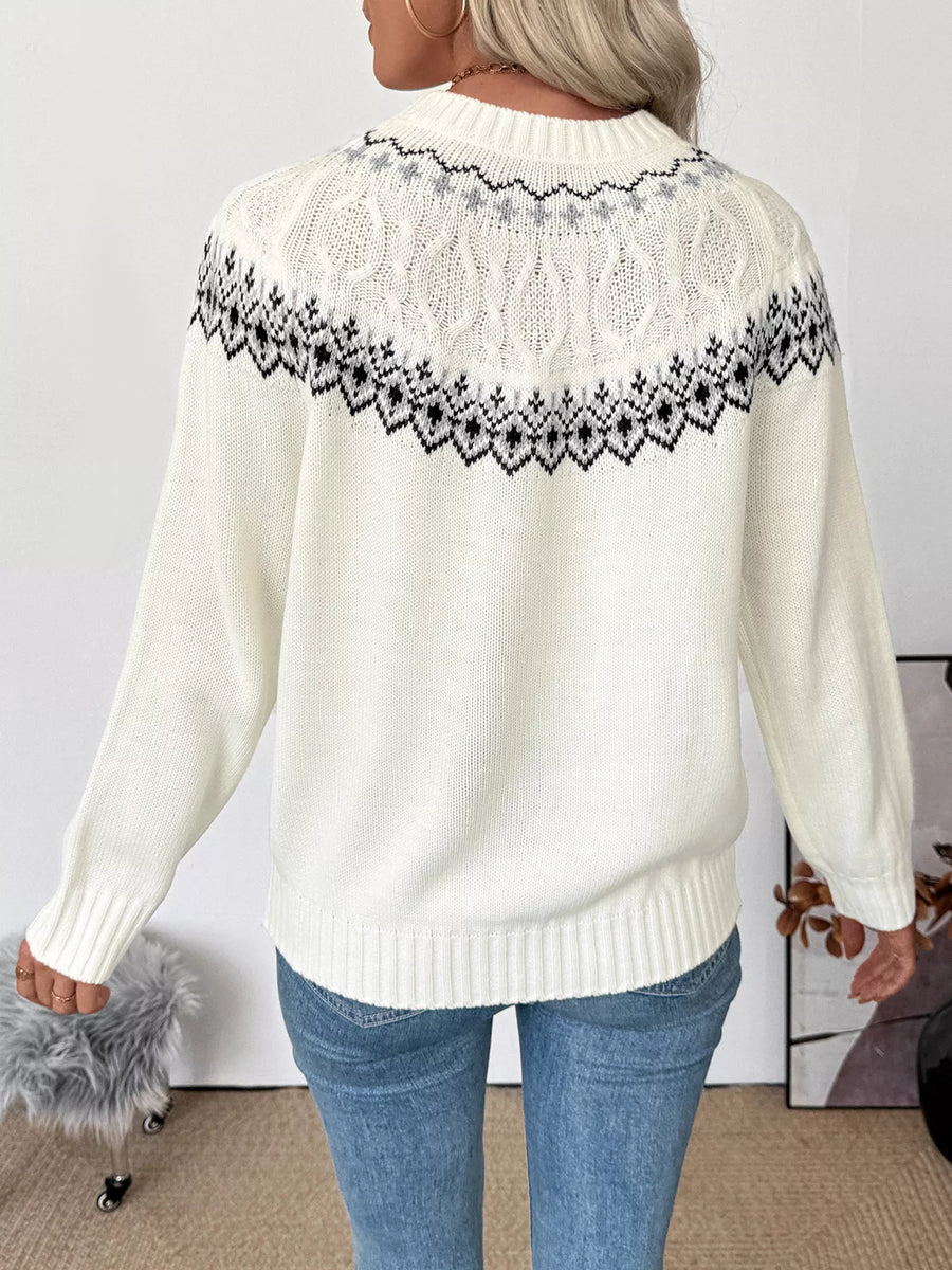 White acrylic Fair Isle knit sweater with cable knit detail and crew neck.