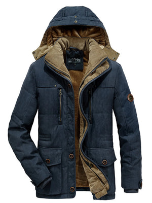 Dark blue hooded parka with fur lining and buttoned pockets