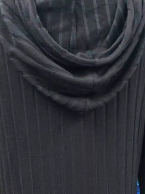 Black ribbed knit hoodie dress with a draped hood detail.