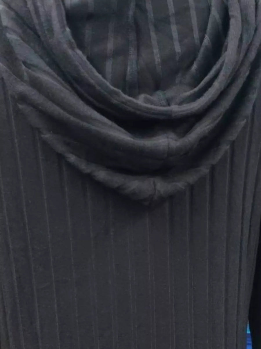 Black ribbed knit hoodie dress with a draped hood detail.