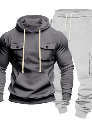 Men's Kangaroo Pocket Hoodie & Sweatpants Set in Black with pocketed