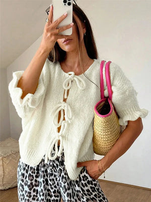 Tie-front Cropped Cardigan in White