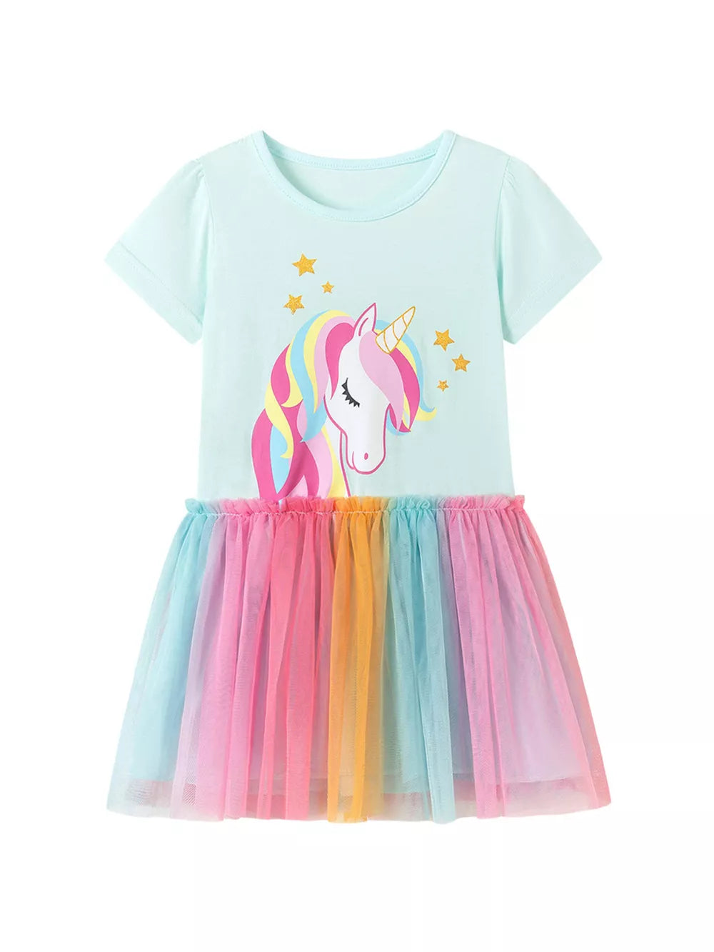 Light blue toddler dress with unicorn graphic and rainbow tulle skirt.