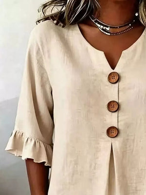 Casual Ruffle-sleeve Decor-button Top Plus Size in Yellow