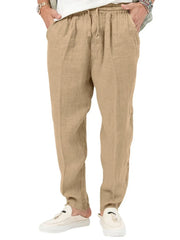 Khaki linen drawstring relaxed fit trousers with adjustable waist