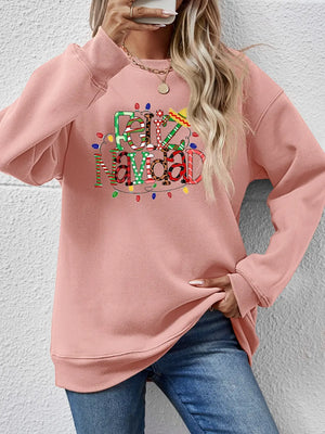 Blush pink Feliz Navidad graphic raglan sweatshirt with colorful Christmas lights.