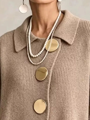 Gold Button Lantern Sleeve Cardigan Plus Size in Beige with buttoned