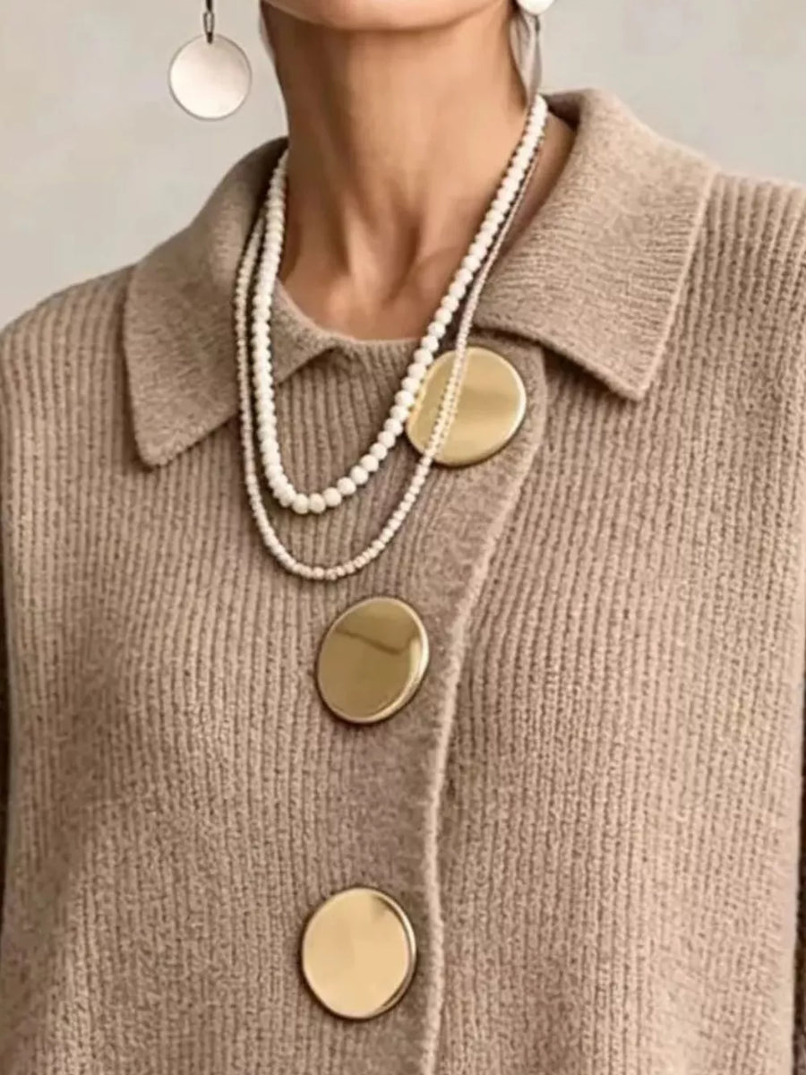 Gold Button Lantern Sleeve Cardigan Plus Size in Beige with buttoned