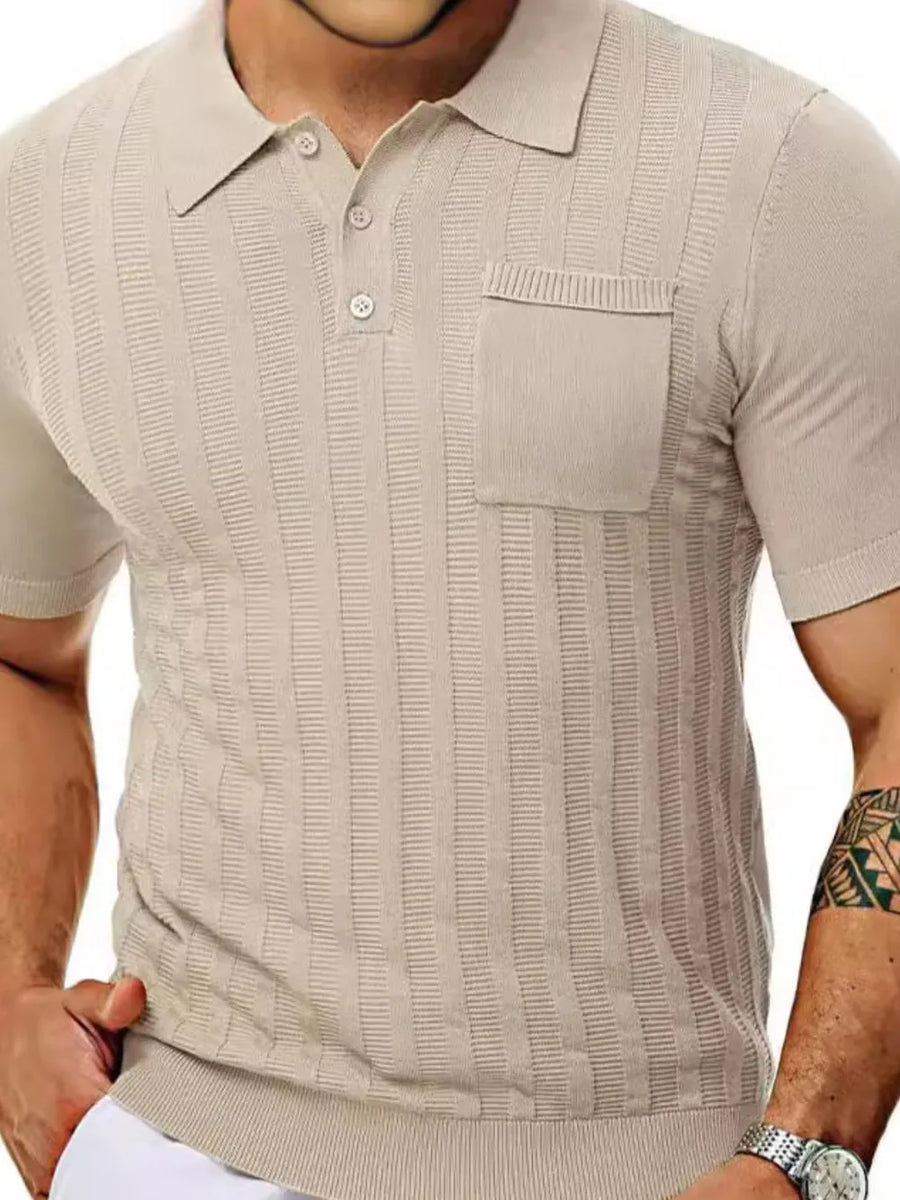 Beige ribbed knit polo shirt with chest pocket and button neckline