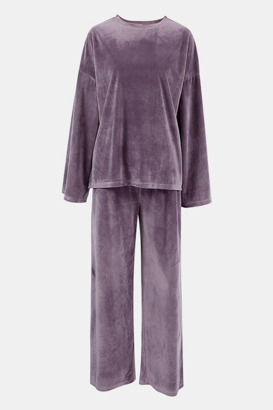 Mauve velvet loungewear set with wide sleeve top and wide leg pants