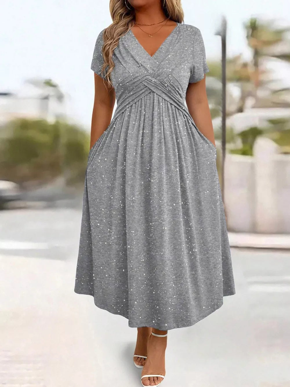 Red Full Size Glitter Flutter Sleeve Midi Dress Plus Size