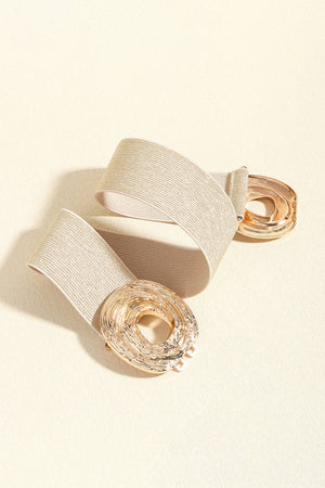 Beige elastic belt with sculptural gold alloy buckle