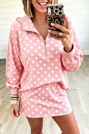 white lounge set featuring zipper and polka dot