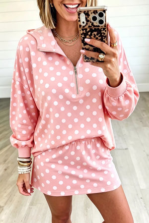 white lounge set featuring zipper and polka dot