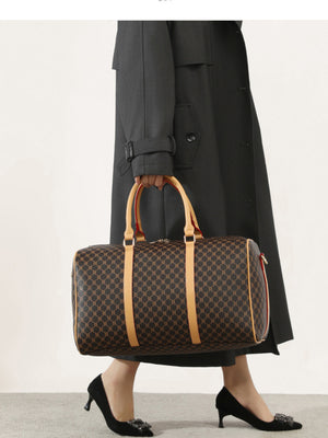 dark brown duffle bag with medium and zip-front