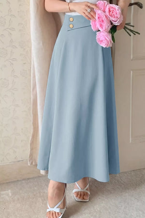 Light blue a-line midi skirt with gold buttons and asymmetrical detail