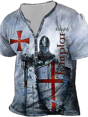 Men's Knight graphic t-shirt in light blue with Templar design and button neck.