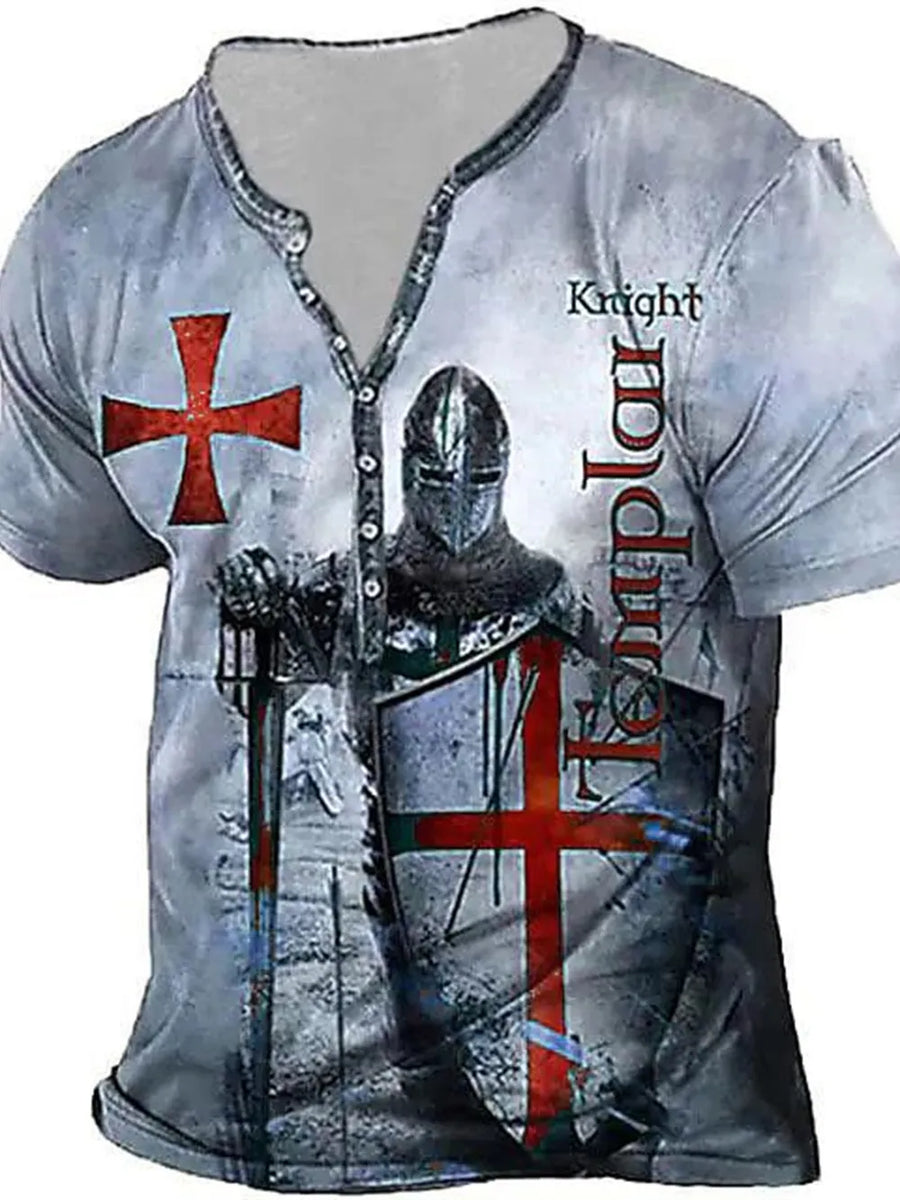 Men's Knight graphic t-shirt in light blue with Templar design and button neck.