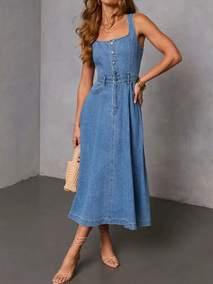 midi dress in light blue featuring buttoned and A-line fit