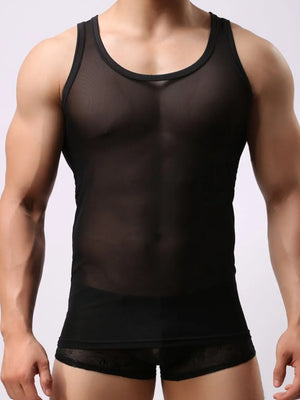 Black sheer mesh muscle tank top with a scoop neckline.