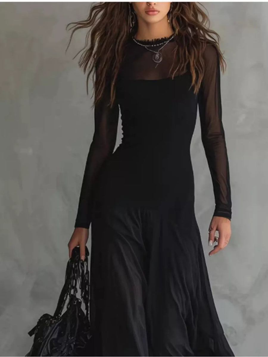 100% polyester Care instructions: Machine wash cold maxi dress in Black with fit-and-flare dress silhouette