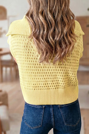 Pastel yellow hollowed knit zipper collar top with ribbed cuffs and collar.