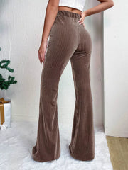 Taupe corduroy maternity flare pants with high waist and bell bottoms