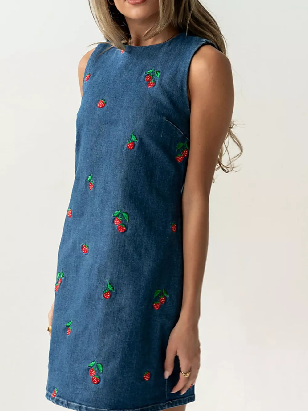 red mini dress featuring embroidered and fruit-print