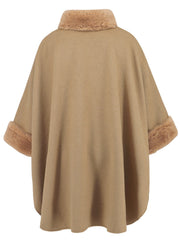 Tan cape coat with faux fur trim on collar and cuffs