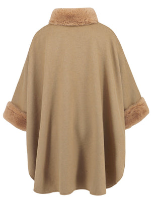 Tan cape coat with faux fur trim on collar and cuffs