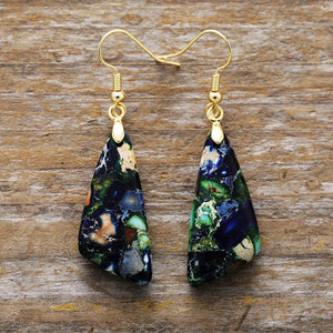 Multicolor stone drop earrings with gold hooks and triangular pendants featuring blue, green, and cream patterns.