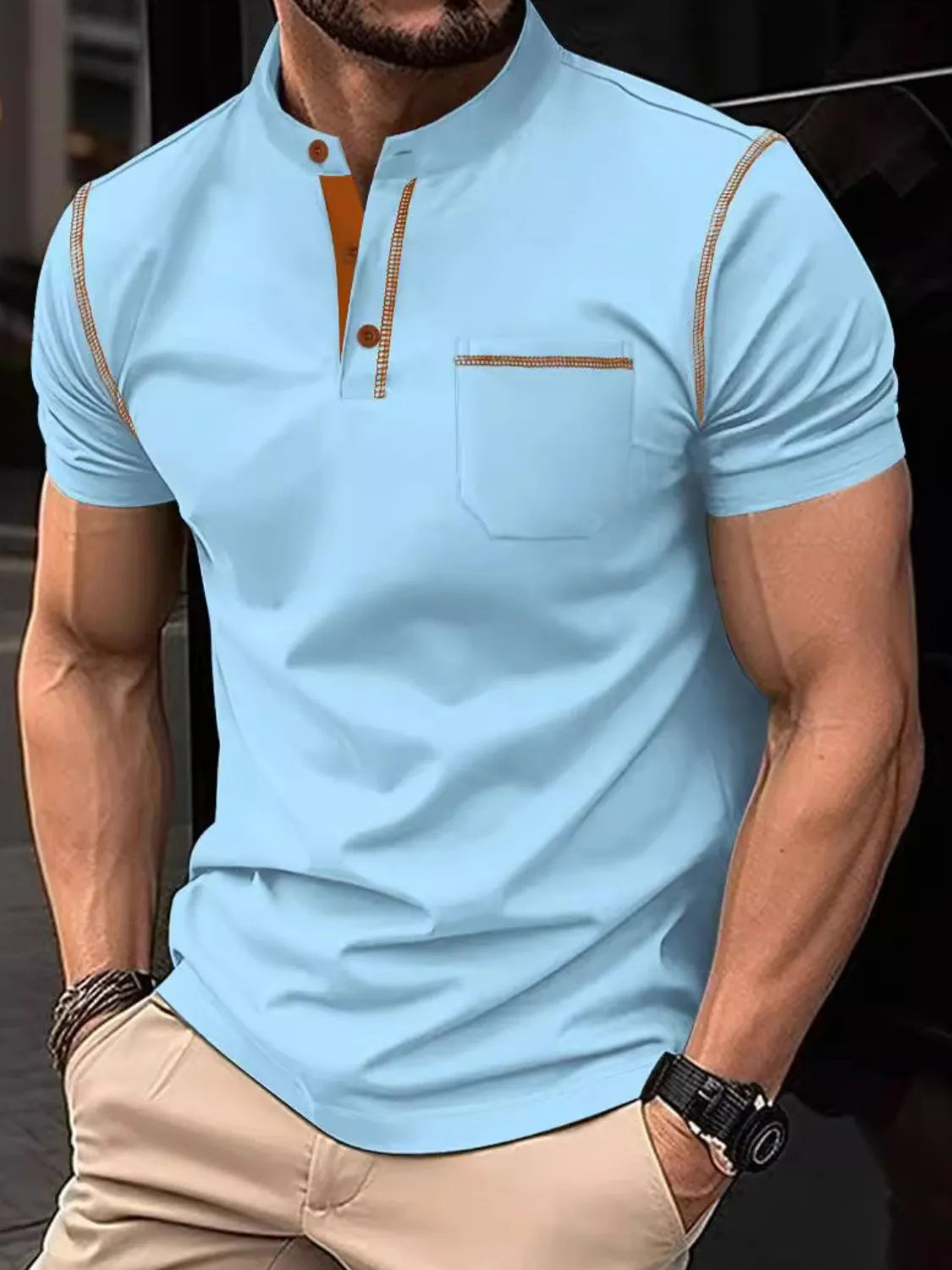 Pastel blue polo shirt with mandarin collar, contrast stitching, and chest pocket.