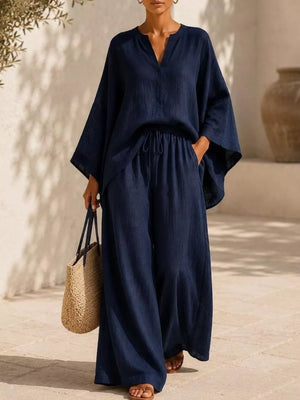 Black Notched Long Sleeve Top And Wide-leg Pants Set