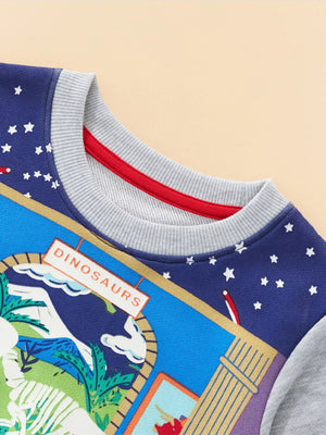 Baby crew neck sweatshirt in light gray with a dinosaur museum graphic and star print.