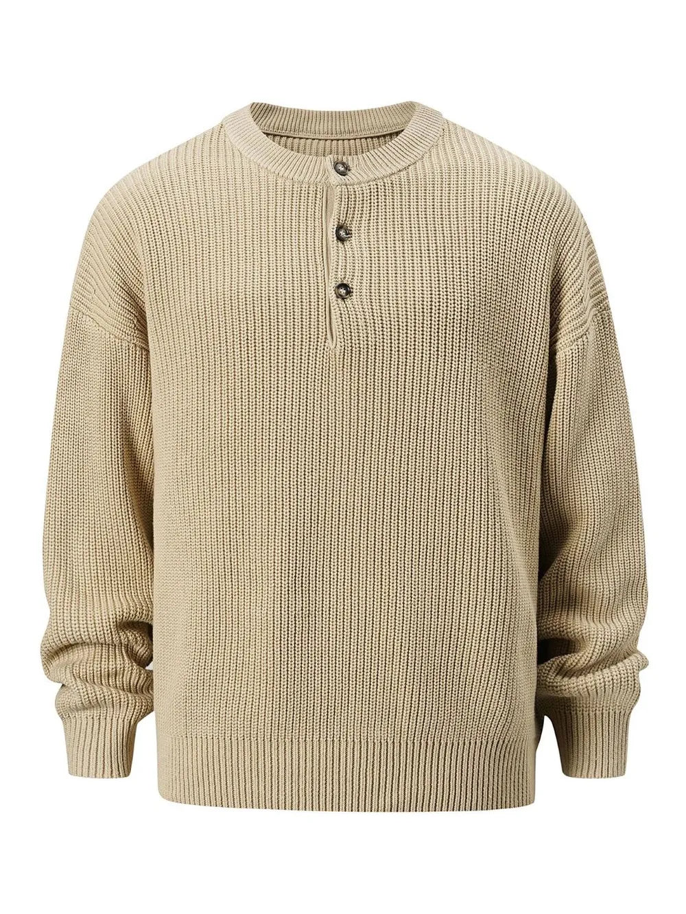 Khaki ribbed knit henley sweater with button neckline and oversized fit