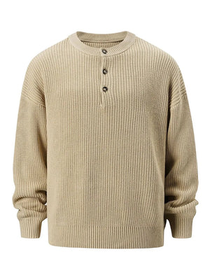 Khaki ribbed knit henley sweater with button neckline and oversized fit