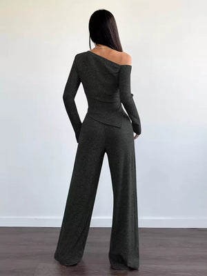 Navy Chic One-shoulder Asymmetrical Top & Wide-leg Pants Set