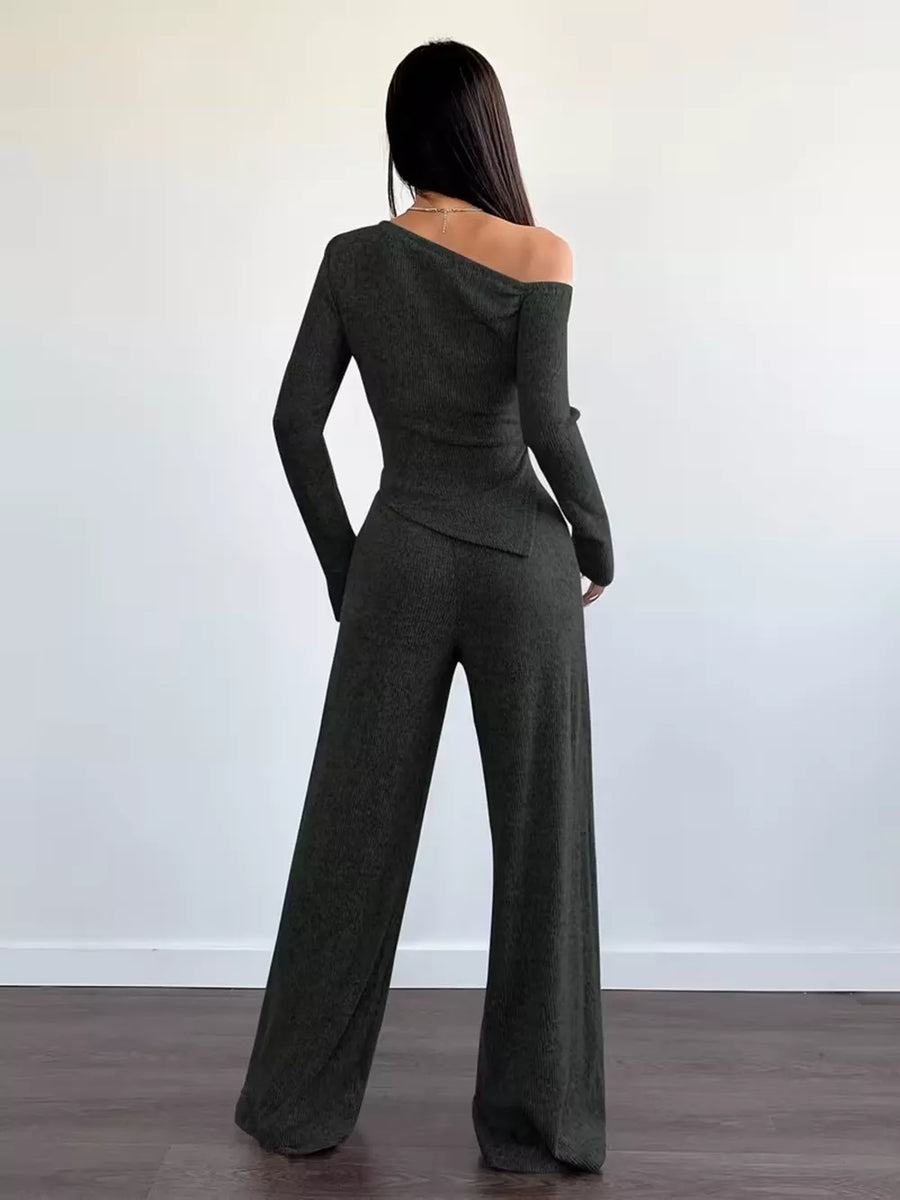 Navy Chic One-shoulder Asymmetrical Top & Wide-leg Pants Set