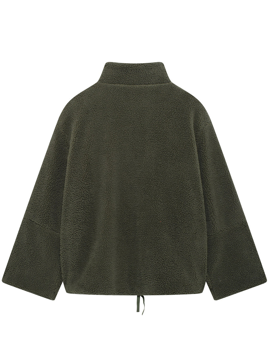 Olive green sherpa jacket with stand collar and drawstring hem.