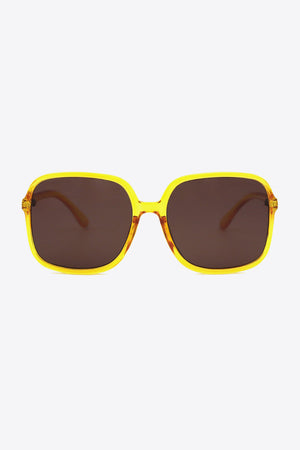 Yellow square frame sunglasses with brown lenses and tortoise shell arms.