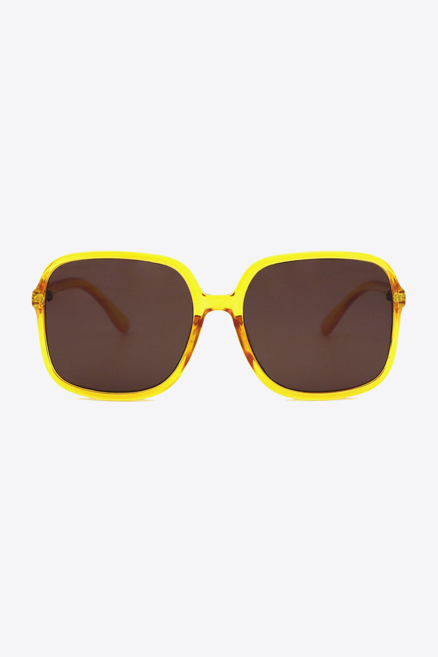 Yellow square frame sunglasses with brown lenses and tortoise shell arms.