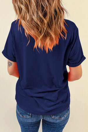 Dark blue cotton blend t-shirt with cuffed short sleeves and a graphic detail on the left arm.