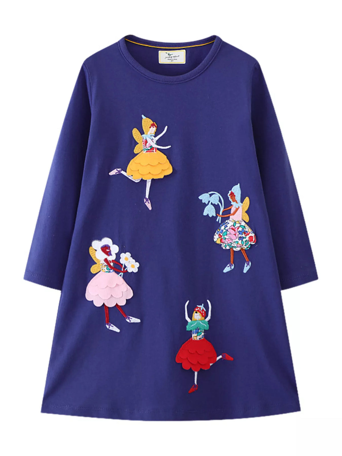 Navy long-sleeve cotton blend dress with fairy applique designs.